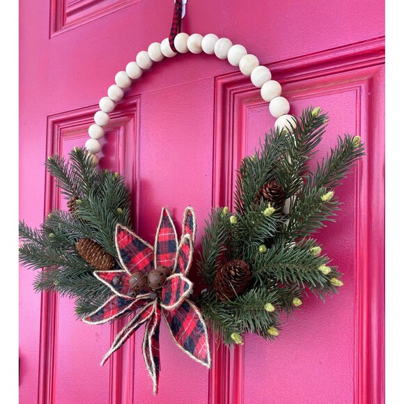 Plaid Christmas Beaded Wreath, Holiday Beaded Plaid Wreath, Bells, Pinecones - Picture 6 of 8